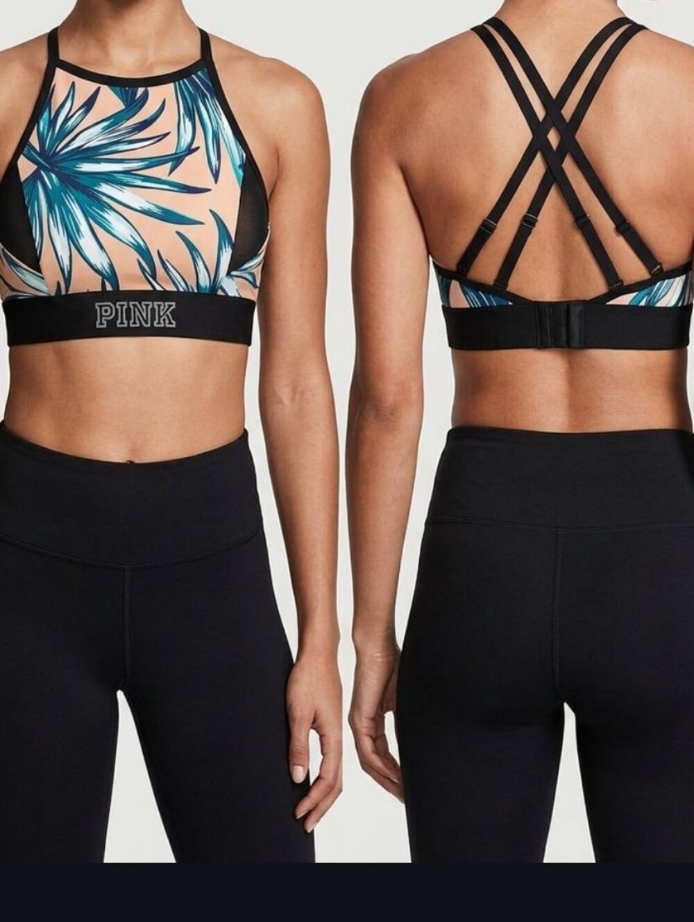 PINK Victoria's Secret Ultimate High-Neck Tropical Palm Mesh Sports Bra S